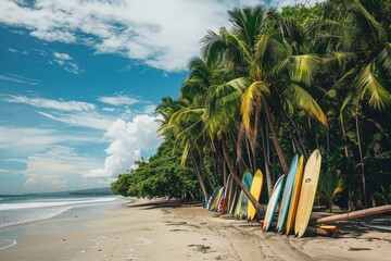 Wall Mural - A line of surfboards resting on the sandy beach near palm trees, A beach lined with palm trees and surfboards