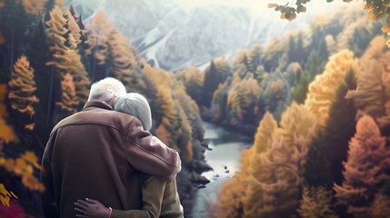 peaceful scene of two older individuals hugging in front of a beautiful natural backdrop