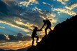 © SKIMP Art - Silhouette of a man helping his friend climb a mountain against the sky with cloudy background, depicting the concept of help and teamwork for success Generative AI