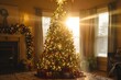 A Christmas tree shining brightly in a cozy living room setting, A beautifully decorated Christmas tree shining brightly