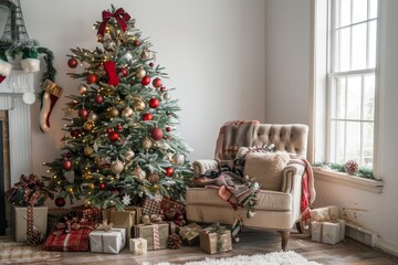 Sticker - A Christmas tree adorned with ornaments and lights stands in a living room, bringing holiday cheer, A beautifully decorated Christmas tree in the corner