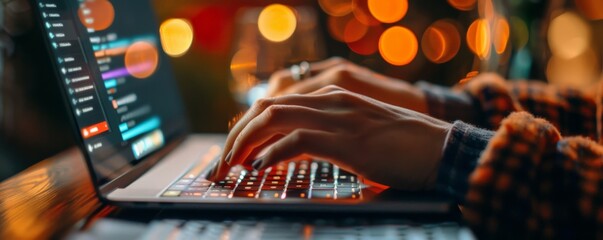 Wall Mural - A person sitting at a desk, typing on a laptop keyboard with a focused expression