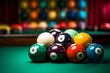 Glossy Many colorful billiard balls and cue. Sport activity play leisure hobby. Generate Ai