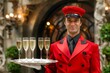 A bellhop wearing a red uniform holds a tray filled with glasses of champagne, A bellhop holding a tray of chilled champagne for arriving guests