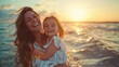 © Matthew - A mother and daughter share a laugh with pure joy on their faces, against a beautiful beach sunset backdrop