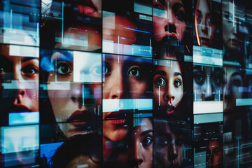 Poster - A collage of women 's faces is displayed on a wall