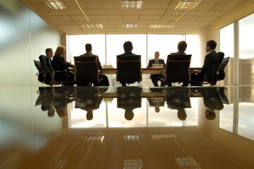 Sticker - Group of people sitting around conference table, engaged in strategic discussion, A boardroom meeting with executives discussing strategies and plans