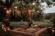 © Iftikhar alam - Setting for outdoor wedding featuring candles and a rug in a bohemian style, A bohemian outdoor celebration with eclectic rugs, hanging macrame and cozy lanterns