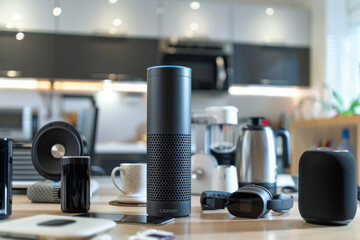 Poster - A caanom speaker sits on a table surrounded by other electronic devices