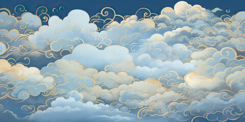 Wall Mural - Blue sky, several classical auspicious cloud patterns with gold outlines, arranged on a background with pearlescent matte effect decorative background scene