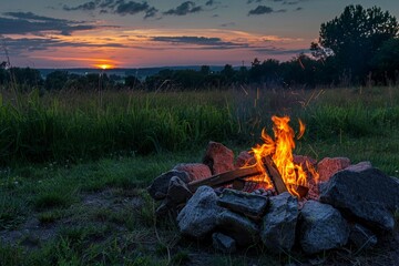 Sticker - A campfire crackling in a field as the sun sets in the background, A bonfire crackling in the crisp evening air