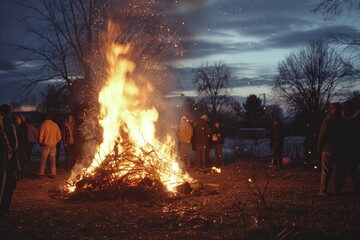 Sticker - A group of individuals gathered around a crackling bonfire in the evening, A bonfire crackling in the crisp evening air