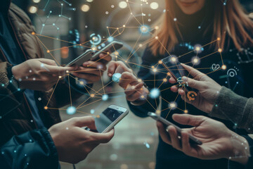 Poster - A group of people are looking at their cell phones