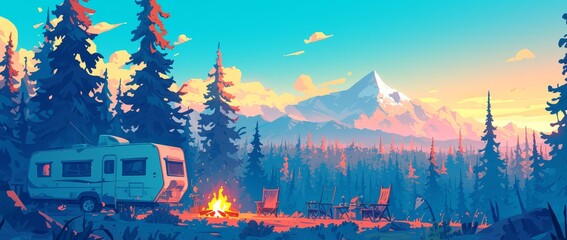 Camping, two caravans and chairs around the fire in front of a forest with pine trees