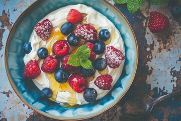 Sticker - A bowl filled with fruit sits on a table, A bowl of Greek yogurt topped with berries and honey