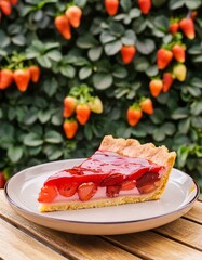 A yummy tasty strawberry jelly pie sitting on a plate outside in front of growing strawberry plants in a garden. Delicious summer fruit dessert shot, with room for copy.