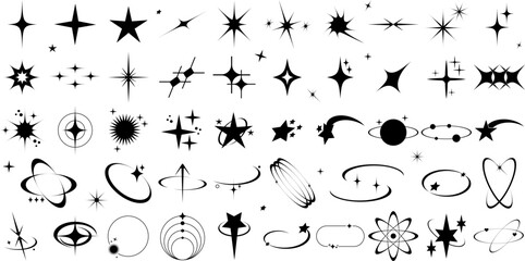 Set of Y2K abstract shapes on black background. Star, sparkle and simple geometric forms in retro style. Vector templates for tattoo, logo, icon, notes, posters, banners, stickers, business cards.