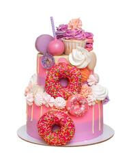 Wall Mural - Pink ombre birthday cake with donuts, meringues and chocolate on neutral background. Cupcake on the top