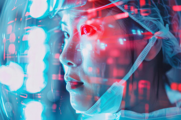 Poster - A woman wearing a helmet and a mask has red eyes