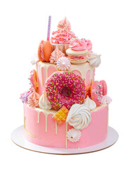 Wall Mural - Elegant pink and purple cake for a girl or a woman. Isolated on white background with copy space for text. Decorated with chocolate