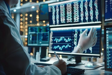 Poster - A man in a lab coat is working on a computer
