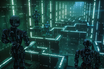 Poster - A group of robots are standing in a dark room with the letters c and m on the wall