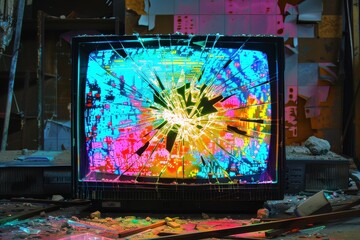 Aufkleber - a broken television with colorful pixelated patterns sits on a table, a broken tv screen with colorf