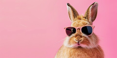 Wall Mural - Rabbit wearing sunglasses against pink background.