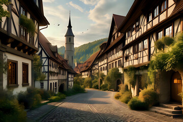 Sticker - old street in a indylic village in Thuringia Germany with half-timbered houses