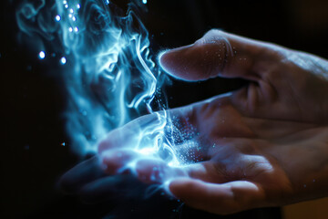 Poster - A close up of a person 's hand with blue smoke coming out of it