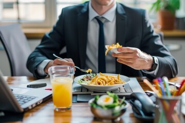 A man in business attire sitting at a table, eating a plate of food, A businessman eating a quick lunch at his desk