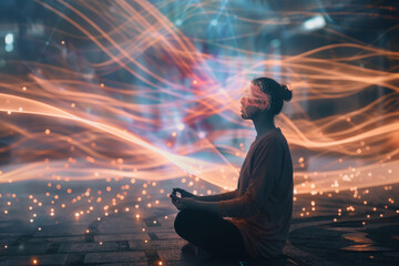 Poster - A man sits in a lotus position with a glowing face in the background