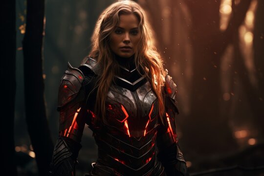Powerful female warrior in dark futuristic armor