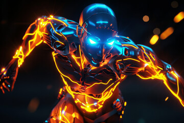 Poster - A robot with blue and orange lights on it 's body