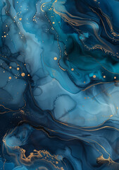 Wall Mural - Abstract background with swirling sapphire alcohol ink, featuring gold dust veins and silver specks