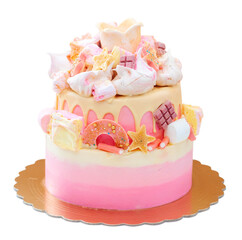 Wall Mural - Gradient layered pink birthday cake with meringue clouds, chocolate stars, donuts and golden fondant crown for a little princess