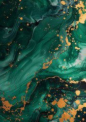 Wall Mural - Abstract background of emerald green marble with sweeping ink waves and burnt gold splatters