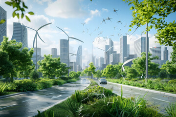 Poster - a car is driving down a street with trees and windmills in the background