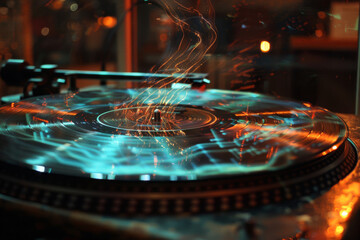 Poster - A record is spinning on a turntable with smoke coming out of it