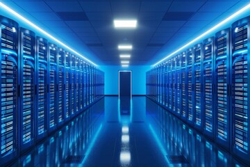 Wall Mural - Multiple servers neatly aligned in rows inside a data center illuminated by blue lighting, showcasing a high-tech computing environment