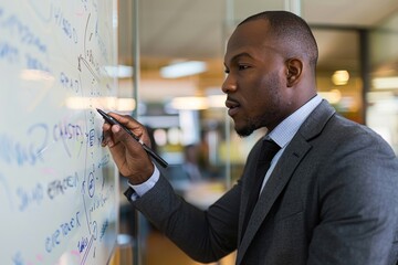 Wall Mural - A man in a suit writing notes on a whiteboard during a business meeting, A businessman writing on a whiteboard in a meeting room