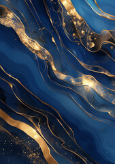 Wall Mural - Abstract background with deep blue marble with splashes of golden ink and agate-like waves