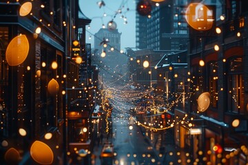 Poster - A bustling city street illuminated by a multitude of colorful lights, creating a festive and vibrant atmosphere, A bustling cityscape filled with festive lights