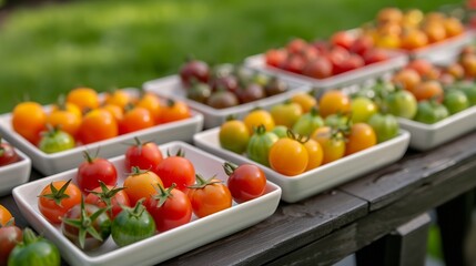 Wall Mural - A variety of small tomatoes are displayed on a wooden table.