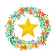 Gold star inside wreath of flowers isolated on white background, vector