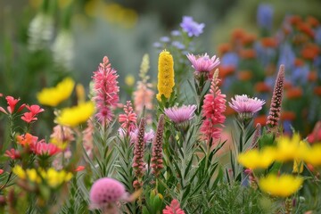 Wall Mural - a garden with a variety of flowers including pink, yellow, and purple