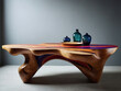 Organic shaped wooden table against black wall.