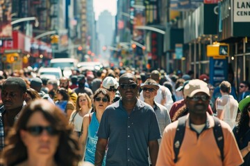 Wall Mural - A large group of people from different backgrounds walking together down a bustling city street, A bustling city street filled with a diverse group of people