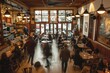 © Iftikhar alam - Diverse group of individuals seated at tables inside a busy restaurant, A bustling dining area with people moving about