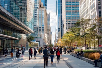 Canvas Print - Scene of diverse individuals walking along city street with towering skyscrapers in background, A bustling financial district with skyscrapers and busy sidewalks